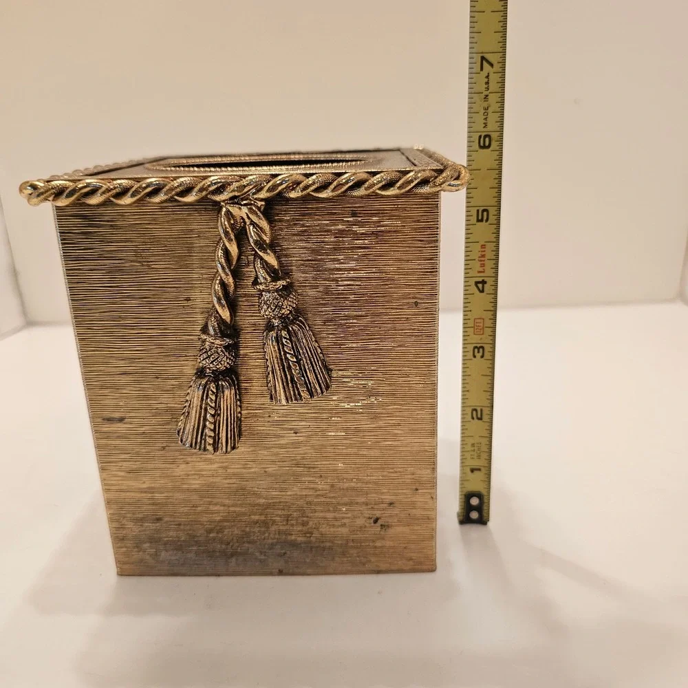 Vintage Stylebuilt Gold Metal Tissue Box Cover Tassel Rope Hollywood Regency MCM
